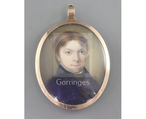 19th century English Schooloil on ivoryMiniature portrait of a young man wearing a blue coat and waistcoat2.25 x 1.75in.