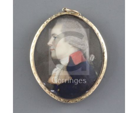 English School c.1800oil on ivoryMiniature profile portrait of a gentleman wearing a blue coat with red collar2 x 1.5in.