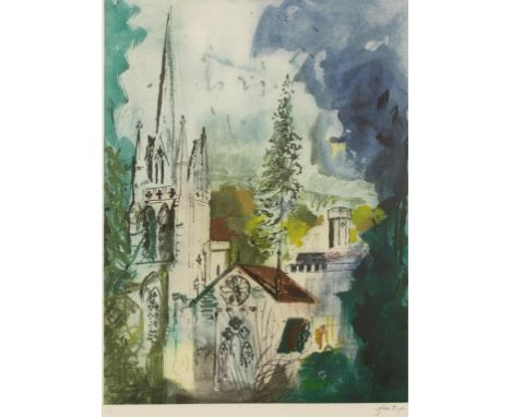 •JOHN PIPER (1903-1992) A church in blues and greens, signed and No. 8/70 on the margin, lithograph, 20.75" x 15.5".