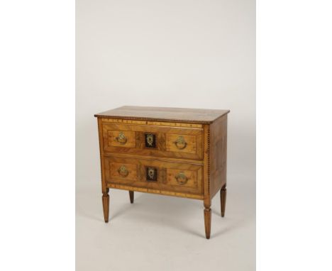 AN ITALIAN WALNUT AND MARQUETRY COMMODE, the rectangular inlaid top above two drawers with ormolu mounts and repeating swag d
