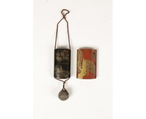 A JAPANESE RED LACQUERED INRO with raised gilt tree decoration, signed, Meiji period, 3.5" high, and one other similar black 