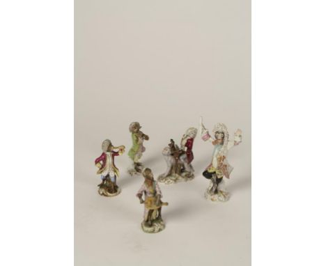 A COLLECTION OF FIVE MEISSEN PORCELAIN MONKEY BAND MEMBERS (AFFENKAPELLE) including conductor, pianist and others, blue cross
