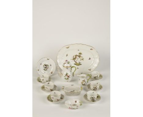 A CONTINENTAL HEREND PORCELAIN COFFEE SET decorated in the Rothschild Bird (RO) pattern with birds, insects and foliage on pa