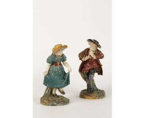 A PAIR OF VICTORIAN ROYAL WORCESTER HADLAY PORCELAIN FIGURES of a girl dancing and a boy playing a piccolo, impressed and sta