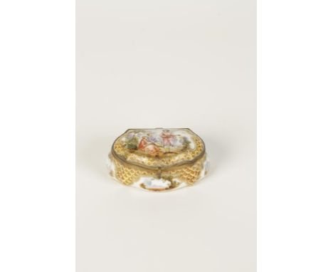 A CONTINENTAL PORCELAIN TABLE SNUFF BOX with polychrome painted decoration within gilt and scaled cartouche of figures playin