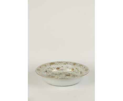 A CHINESE BASIN painted in pale gilt with peony blooms and scrolling foliage, Qianlong, 15.5" dia.