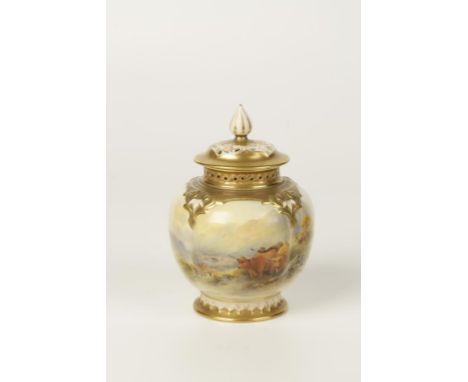 A WORCESTER PORCELAIN POT POURRI and cover with painted Highland cattle in a mountainous landscape, by James Stinton, the pai