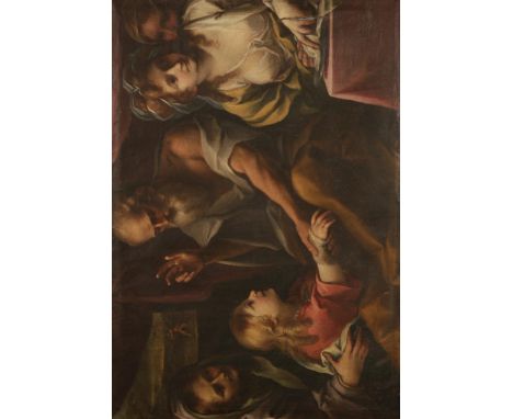 BOLOGNESE SCHOOL, late 17th century The Blessing of a child with a bandaged hand, oil on canvas, 36" x 51. Provenance: A Coll