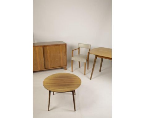 •A DAVID JOEL WALNUT FURNITURE SUITE; COMPRISING TABLE AND FOUR CHAIRS, SIDEBOARD AND COFFEE TABLE: The table of long rectang