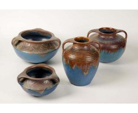 A LARGE BOURNE DENBY DENESBY ORIENT WARE THREE HANDLED PLANTER of ovoid squat form, with incised stylised decoration in tones