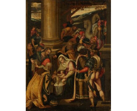MANNER OF LEANDRO DA PONTE, CALLED BASSANO (1557-1622) The Adoration of the Magi, oil on canvas, 22.5" x 17.5". Provenance: A