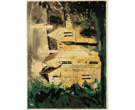 •JOHN PIPER (1903-1992) An architectural view of a Gothic building surrounded by trees, signed in pencil and marked 'artists 