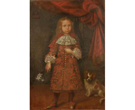 PIEDMONTESE SCHOOL, 17th century (?) A child standing full-length in an interior with a spaniel to one side and drapery above