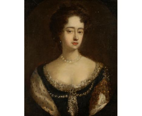ENGLISH SCHOOL, 18th century A portrait of a woman wearing a pearl necklace, half-length, in an oval cartouche, oil on canvas