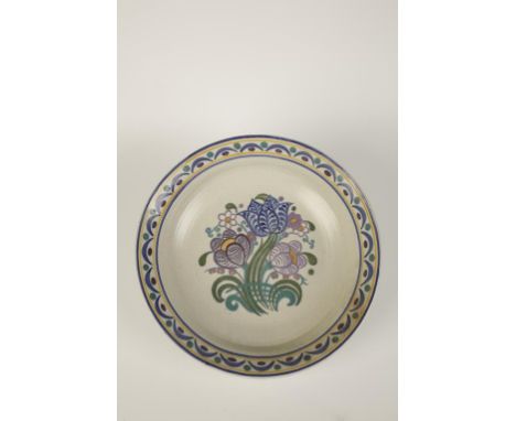 A POOLE POTTERY RED BODIED TRADITIONAL PATTERN BOWL, shape no. 666 EX, decorated in the OF pattern by Ethel Barratt, signed a