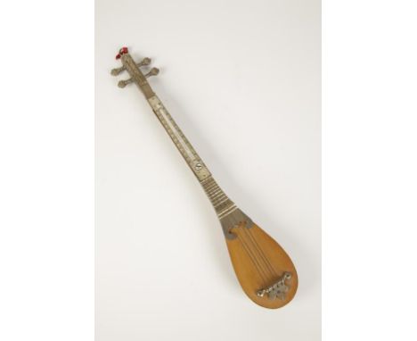A NOVELTY THERMOMETER in the form of a white metal and wood string instrument, the neck set with a mercury thermometer, 17 1/