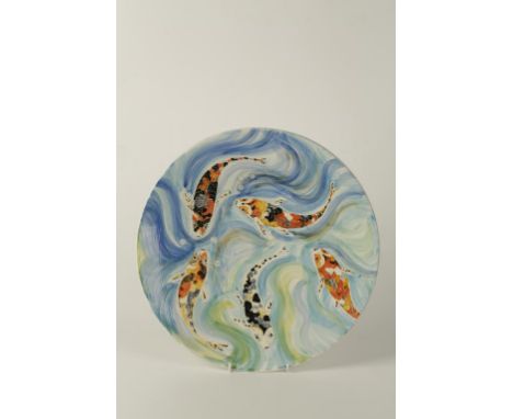 A LARGE ANITA HARRIS STUDIO CHARGER, decorated with carp, limited edition no. 1/25, signed and stamped markings, 16" dia. Ex-