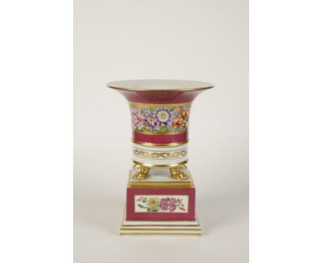 A SPODE STYLE HEREND PORCELAIN VASE AND STAND of flared open form with gilt borders and floral decoration on mauve ground rai