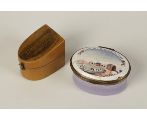 A STAFFORDSHIRE ENAMEL BOX of oval shape, lilac base, the lid painted with a named view of Weymouth, a mirror to the lid, 2" 