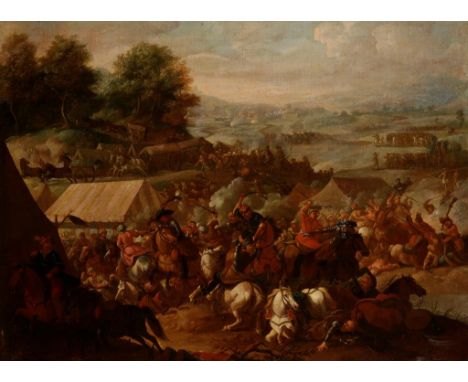 CIRCLE OF JACQUES COURTOIS, CALLED IL BORGOGNONE (1621-1676) A battle between Turks and Christians, oil on canvas, 28" x 38",