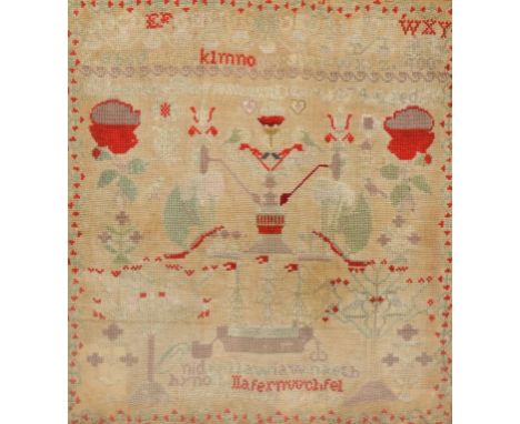 A WELSH LANGUAGE/ALPHABET SAMPLER dated 1874, decorated in colours with a ship amongst trees and flowers, 27" x 24.5"