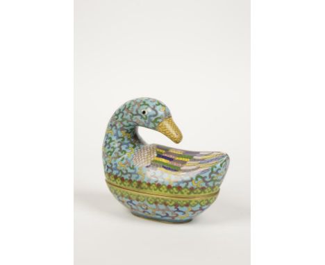 A CHINESE CLOISONNE ENAMEL BOX in the form of a duck, looking backwards, 5.5" long