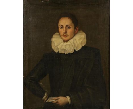 CIRCLE OF GIOVANNI BATTISTA MORONI (1525-1578) A portrait of a gentleman standing half-length holding a letter, inscribed "Al