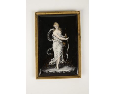 A LIMOGES ENAMEL PLAQUE delicately painted with Diana wearing white flowing dress, on a black ground, gilt metal frame, 5.75"