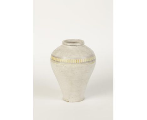 CARTER & CO ( POOLE POTTERY ): A TIN GLAZED VASE oviform, no. 109, hand painted in a yellow stripe and geometric design on a 