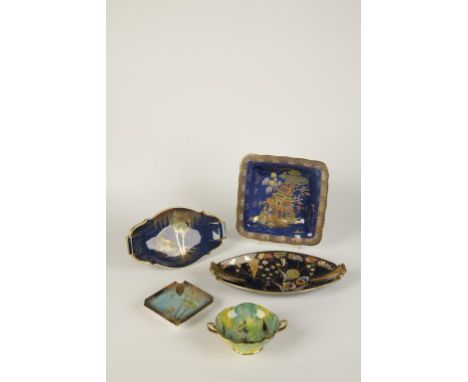 A CARLTONWARE "DEVIL'S COPSE" PATTERN TWIN HANDLED DISH of oblong form with gilt enamel decoration on dark blue ground, shape