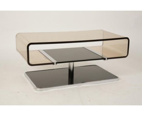 MICHEL DUMAS CREATIONS: A FRENCH RECTANGULAR COFFEE TABLE, the bronzed tinted plexiglass top supported on a cylindrical metal