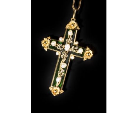 A FRENCH YELLOW GOLD CROSS set with baroque pearls and old-cut diamonds on an onyx ground, with yellow flowerhead terminals, 