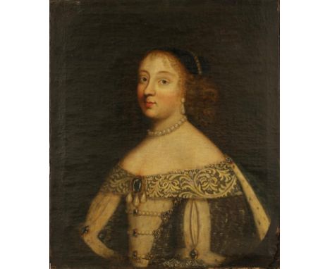 CIRCLE OF JUSTUS SUSTERMANS (1597-1681) A portrait of a lady wearing a lace trimmed dress and pearls, bust-length, in a feign