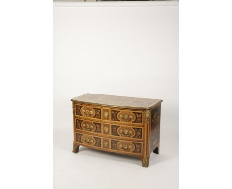 A LOUIS XIV STYLE MARQUETRY COMMODE stamped Edwards & Roberts, slightly bow front, the top inlaid with a large stylised flore