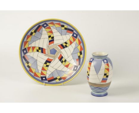 A POOLE POTTERY STUDIO FOOTED BOWL decorated in The Flags pattern, designed by Sally Tuffin, c.1998, 13 ¾" dia., and a matchi