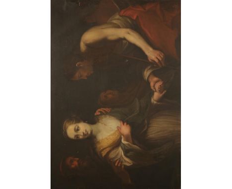  BOLOGNESE SCHOOL, late 17th century, A biblical scene with a woman wearing a green cloak taking the hand of a Saint, with ot
