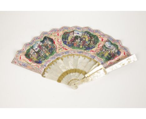 A CHINESE MOTHER OF PEARL STAVED FAN the paper leaf painted one side with a profusion of court figures, the reverse with pane