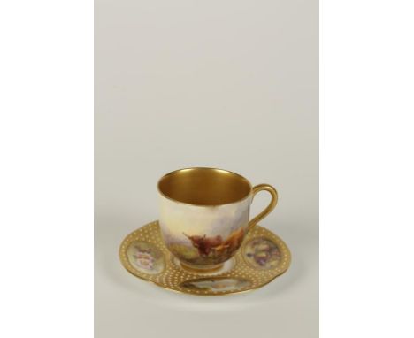 A ROYAL WORCESTER PORCELAIN CABINET CUP AND SAUCER, the cup painted with Highland cattle watering in a mountainous landscape,