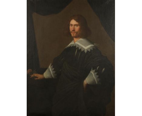 CIRCLE OF JUSTUS SUSTERMANS (1597-1681) A portrait of a gentleman standing three-quarter length in an interior with his hand 