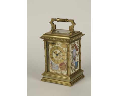 A BRASS JAPONAISE TASTE CARRIAGE CLOCK the dial and sides set with ivory coloured painted panels. The repeating movement with