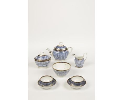 A CHAMBERLAINS WORCESTER PORCELAIN PART TEA SET painted in blue with stylised floral scroll decoration within Royal blue and 