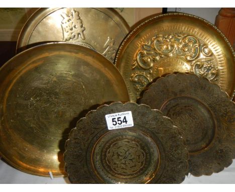 5 brass bowls and plates including a Chinese example and a brass fork