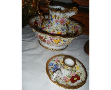 A Hammersley Chintz style jug and bowl set and matching candlestick