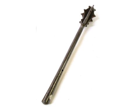 A 16th Century Continental Steel Mace, the cylindrical head set with six shaped flanges, each with reinforced lozenge shape t