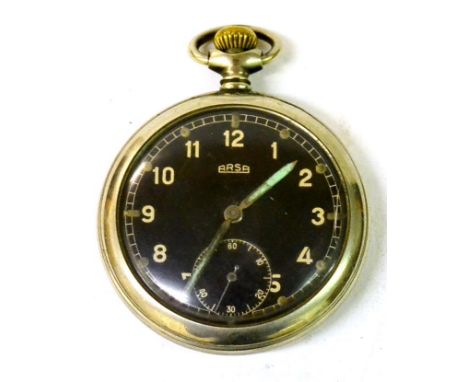 A Second World War German Military Top Wind Pocket Watch by ARSA, in a nickel plated case, the signed circular black enamel d