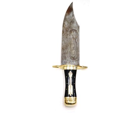 A Massive Indian Bowie Knife, with 30.5cm broad hatchet tip damascus steel blade, the nickel plated hilt with ovoid quillons 