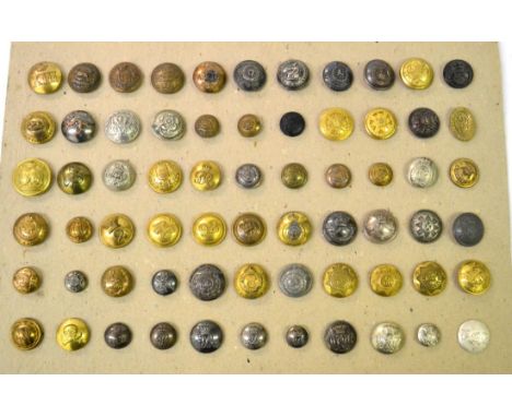 A Collection of Sixty Six British Army Buttons, in brass and white metal, loosely mounted on a display card