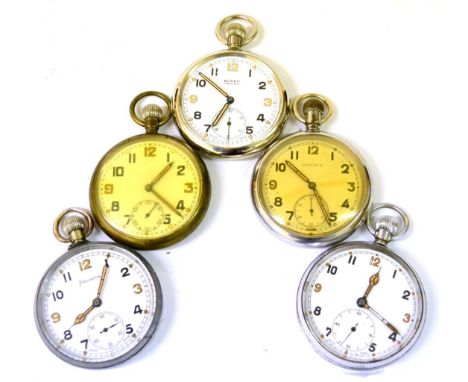 Five Second World War British Military Issue Top Wind Pocket Watches, each with circular white enamel dial with subsidiary se