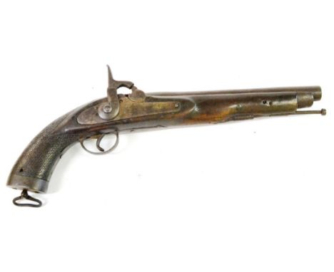 A 19th Century Continental Percussion Cap Service Pistol, the 26cm steel barrel stamped 64, the steel lock plate engraved wit