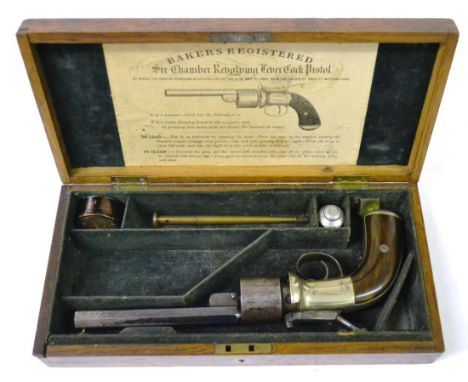 A Good Quality T K Baker's Six Shot Single Action Percussion Revolver, the 14cm blued steel octagonal barrel with poly-groove